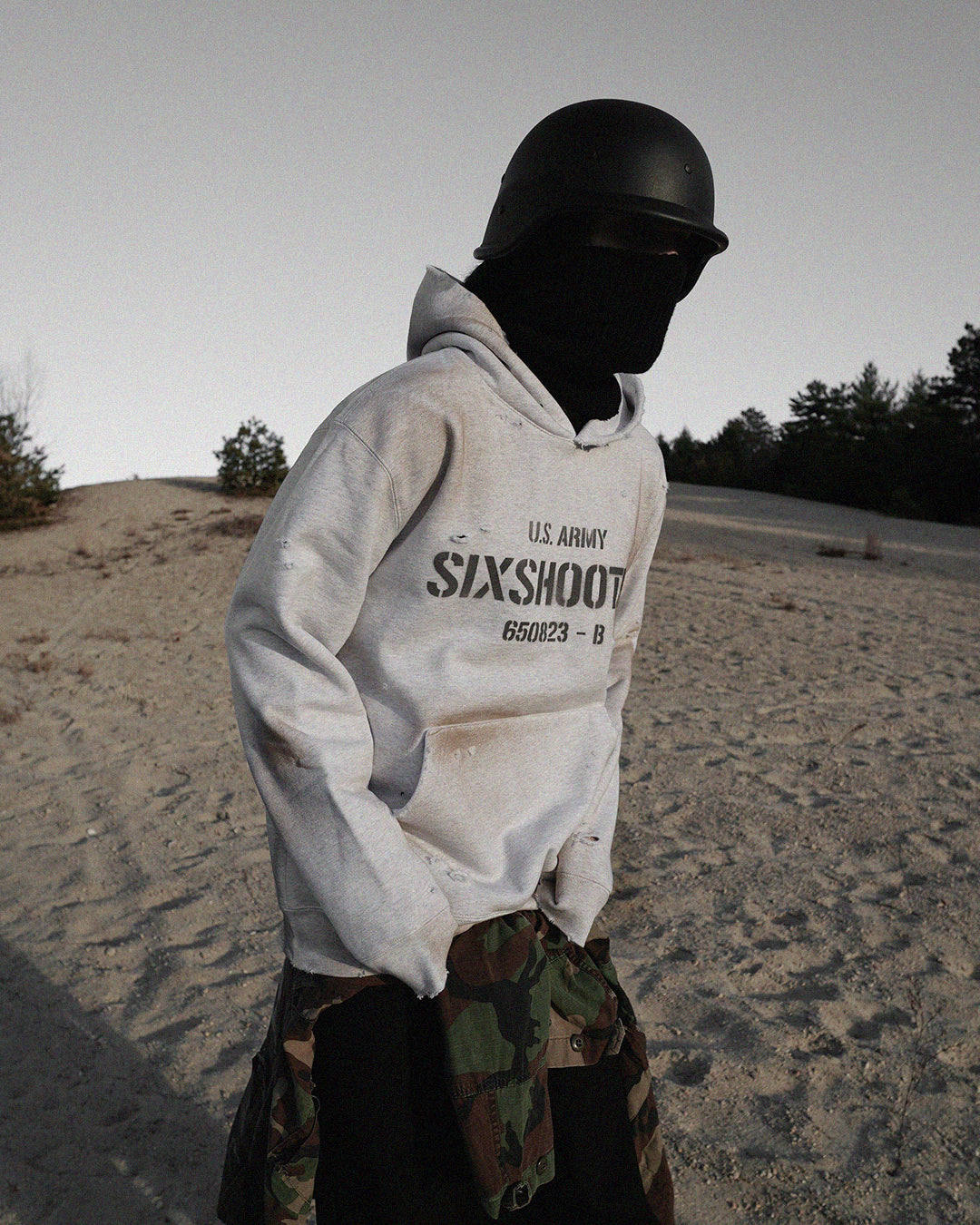 (Dirty Grey) "MUNITIONS" Distressed Hoodie