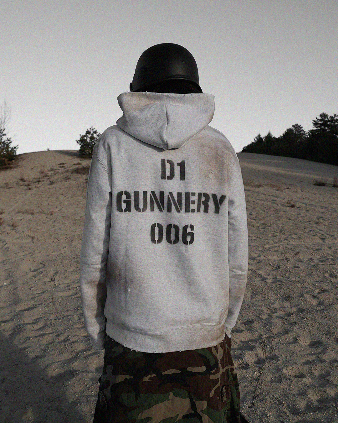 (Dirty Grey) "MUNITIONS" Distressed Hoodie