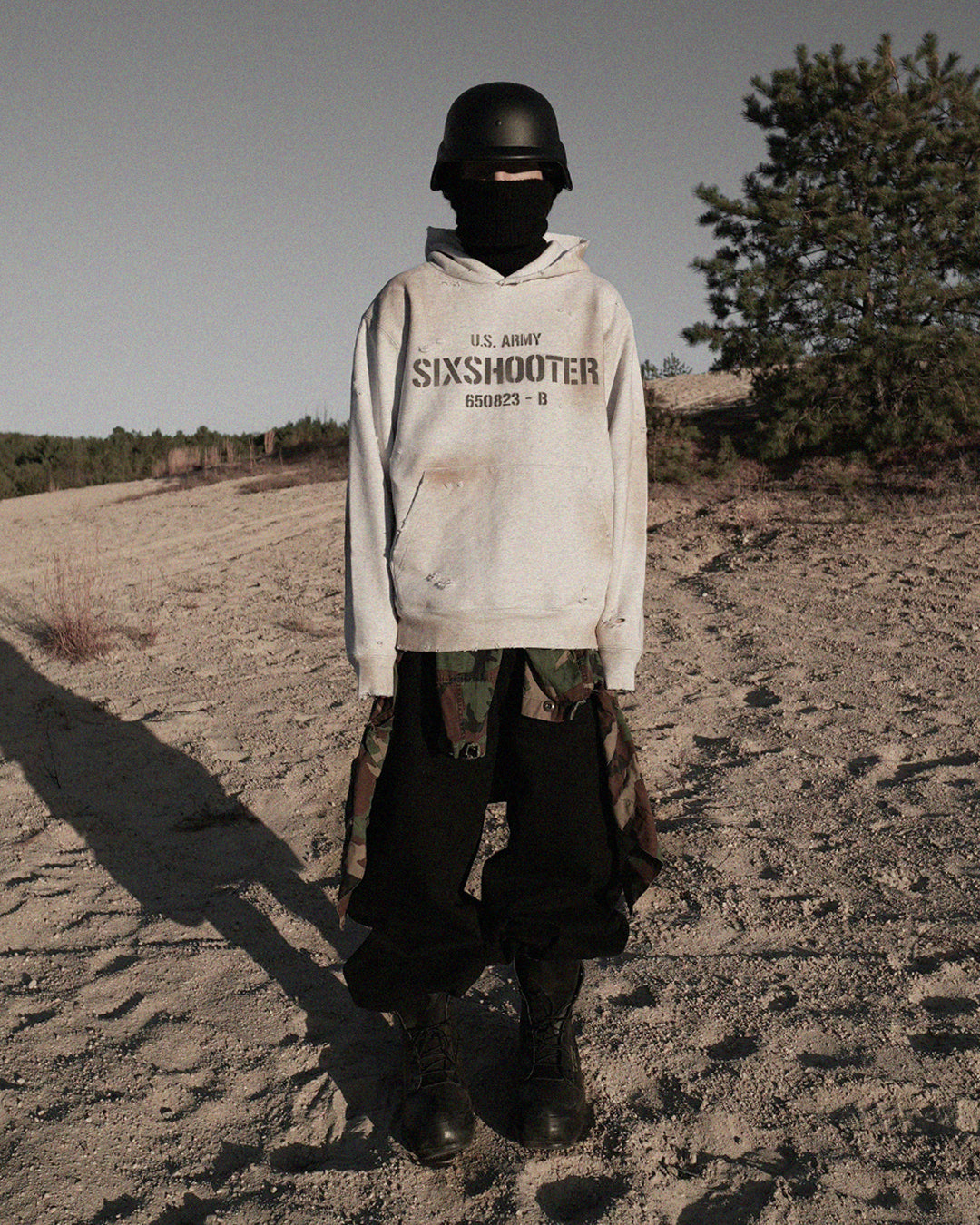 (Dirty Grey) "MUNITIONS" Distressed Hoodie