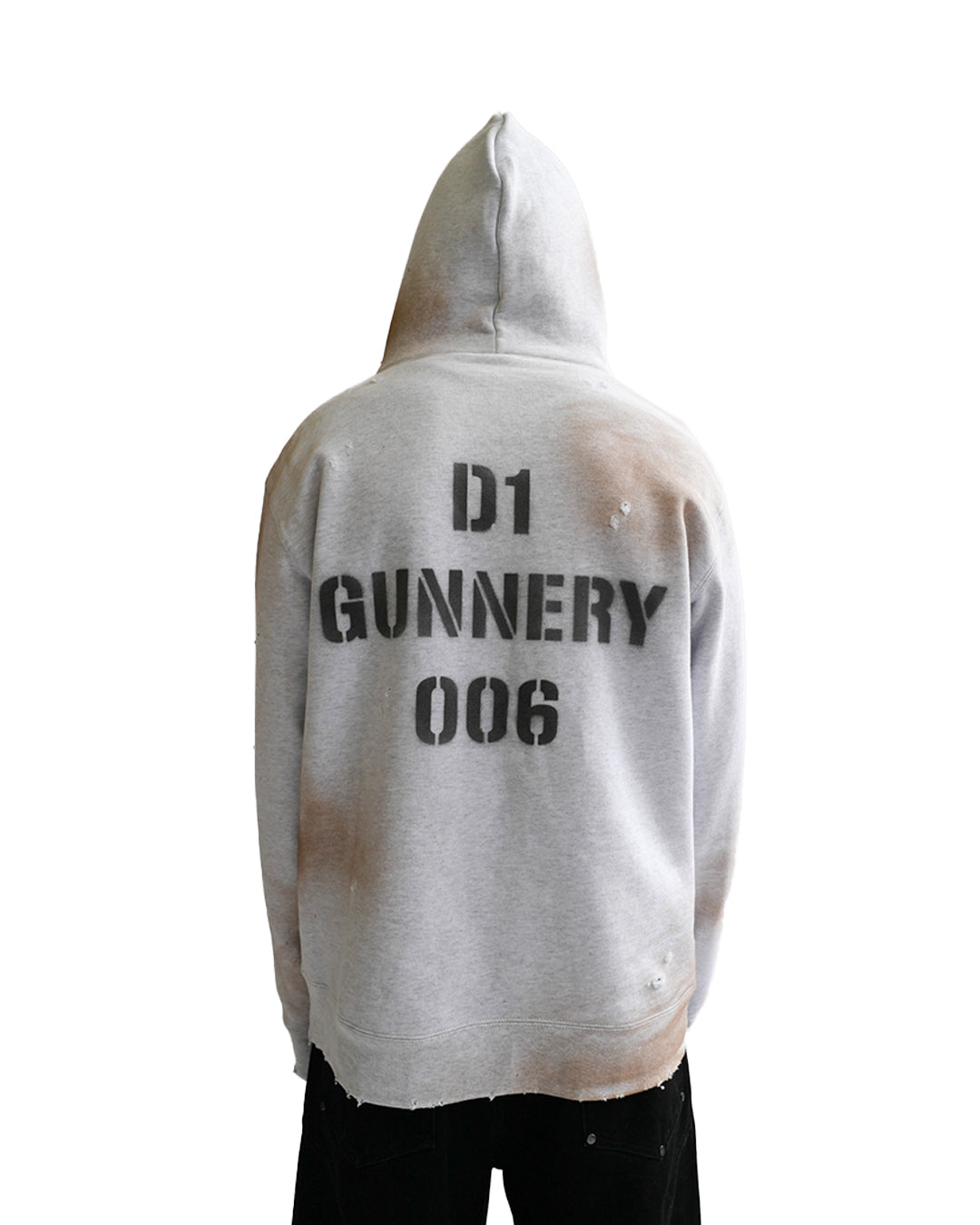 (Dirty Grey) "MUNITIONS" Distressed Hoodie